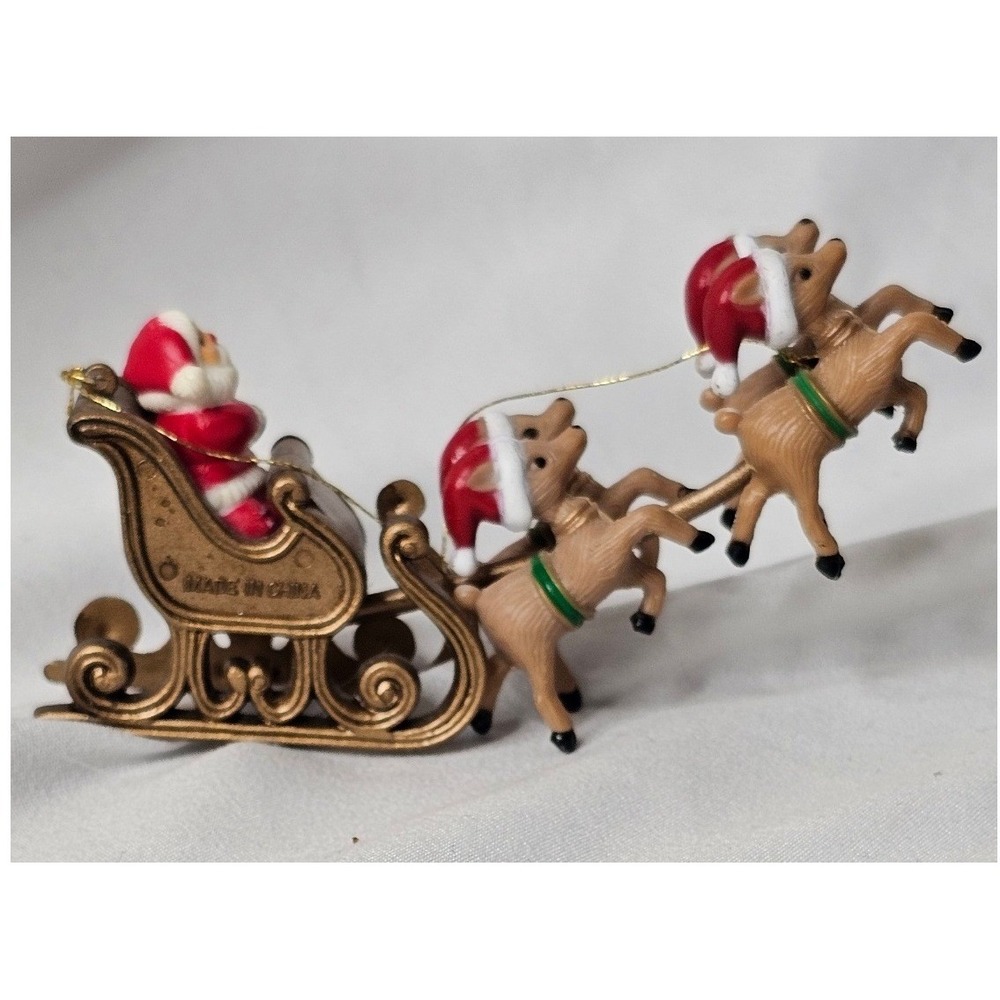 VTG Santa on his Sleigh Christmas Ornament Small Gold Reindeer Holiday Decor